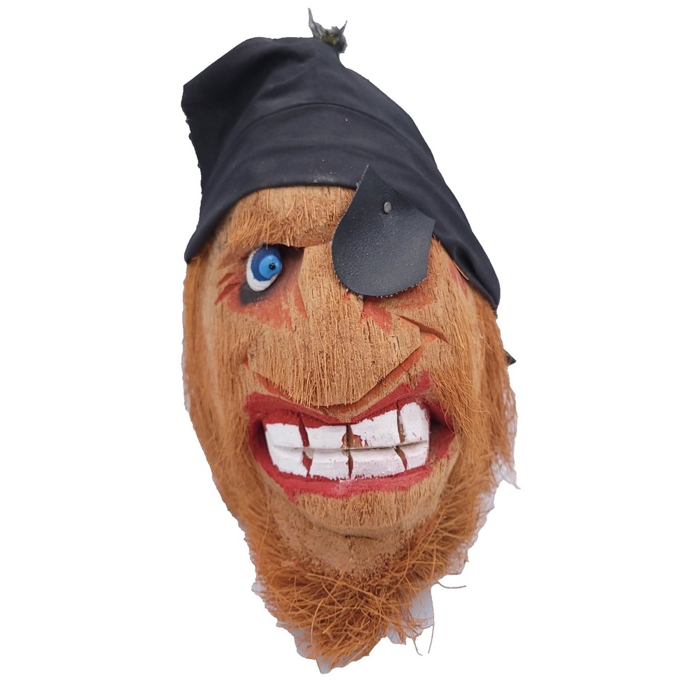 Vintage Coconut Head Carved Pirate Face Seashell Eye Eyepatch Bandana Island Art